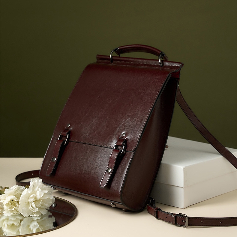 Maroon-Coffee Leather Flap Vintage School Backpacks Mini Backpack