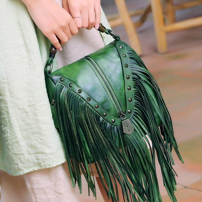 Groene lederen franje tas bamboe schouder vintage handtassen | Baginning