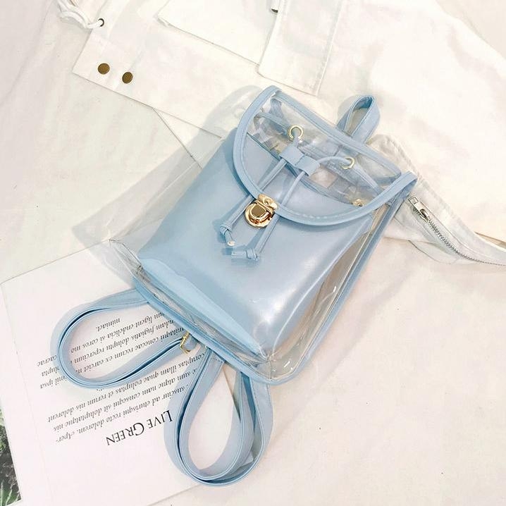 Lichtblauwe flap PVC doorzichtige rugzakken Transparante tassen met binnenzakje