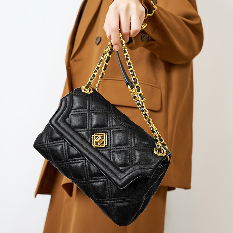 Women's Black Leather Quilted Flap Chian Shoulder Bags