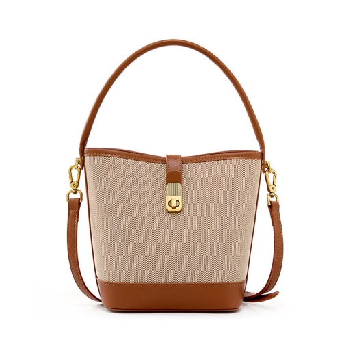 Brown&Beige Canvas Bucket Bag Twist Lock Crossbody Handbags