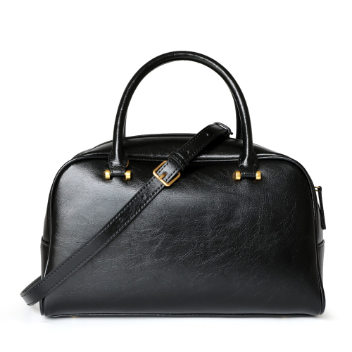 Black Leather Top Handle Boston Bag Chic Crossbody Zip Handbags