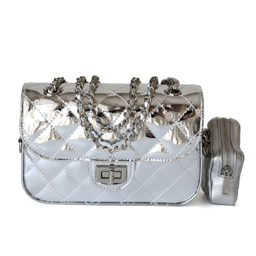 Silver Metallic Quilted Bag Flap Crossbody Chain Bags With Coin Purse