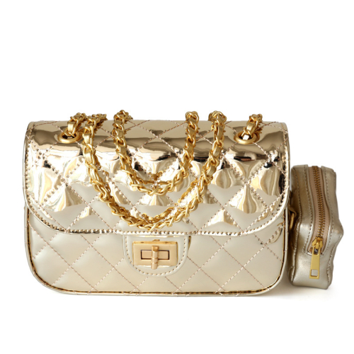 Golden Metallic Quilted Bag Flap Crossbody Chain Bags With Coin Purse