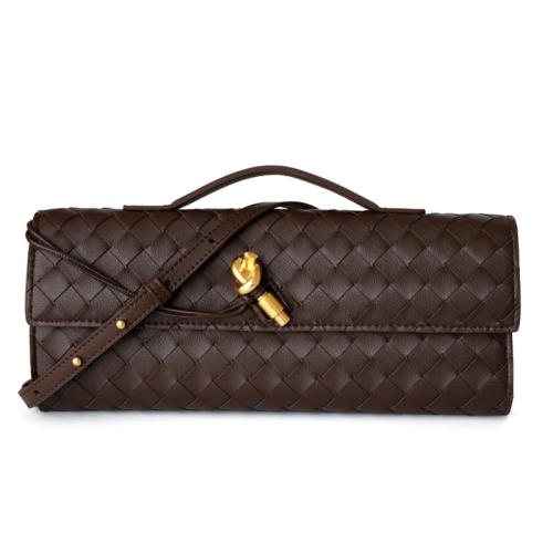 Coffee Woven Leather Crossbody Clutch Purse Top Handle Flap Handbags